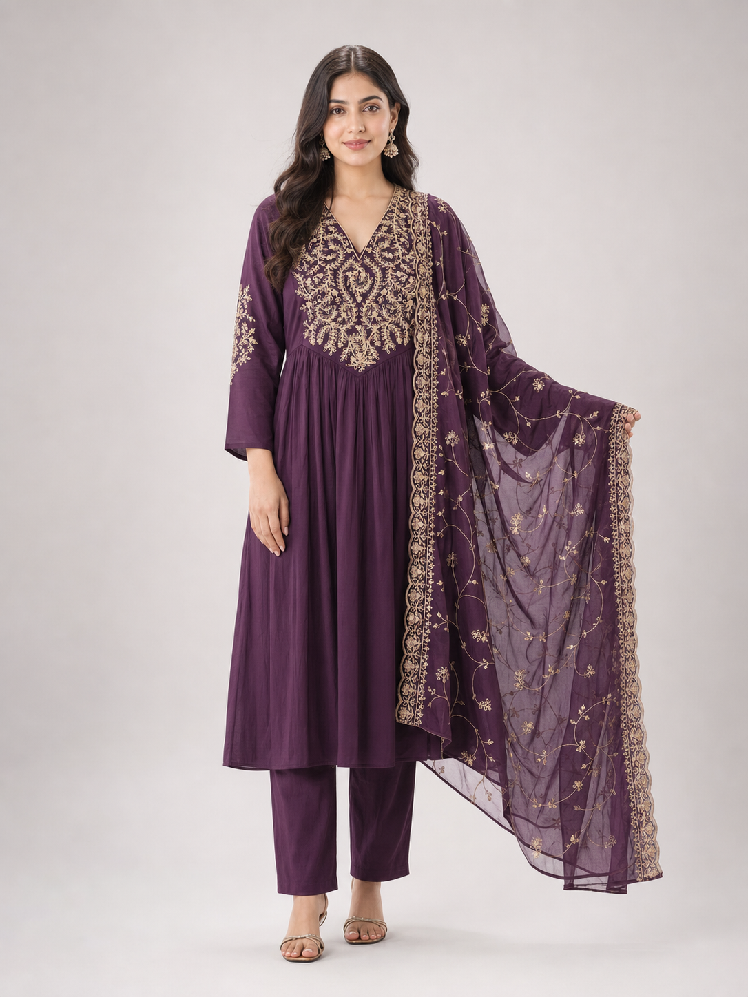 Peachmode Purple Mul Chanderi Salwar Suit - Image 2