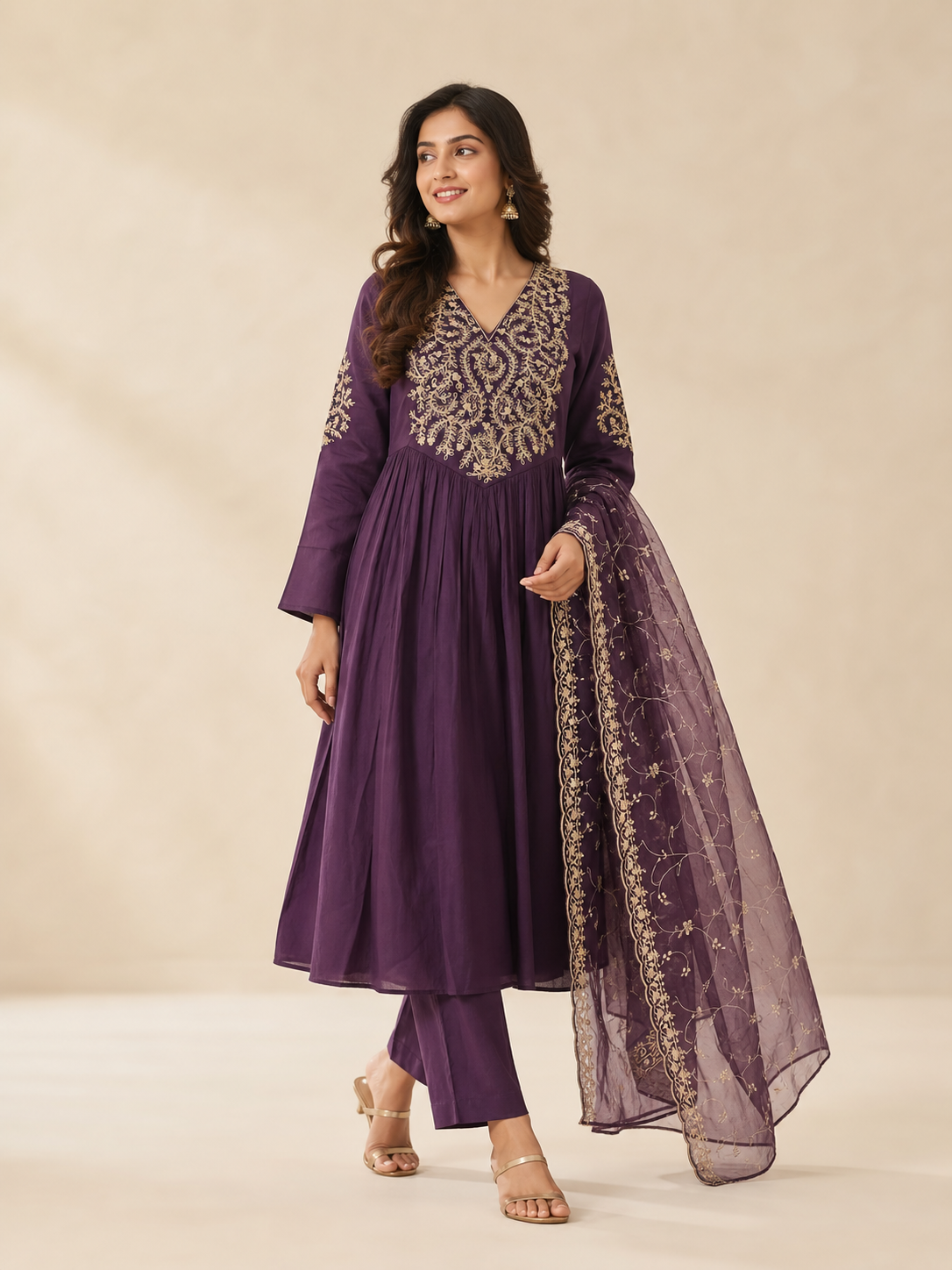 Peachmode Purple Mul Chanderi Salwar Suit - Image 4