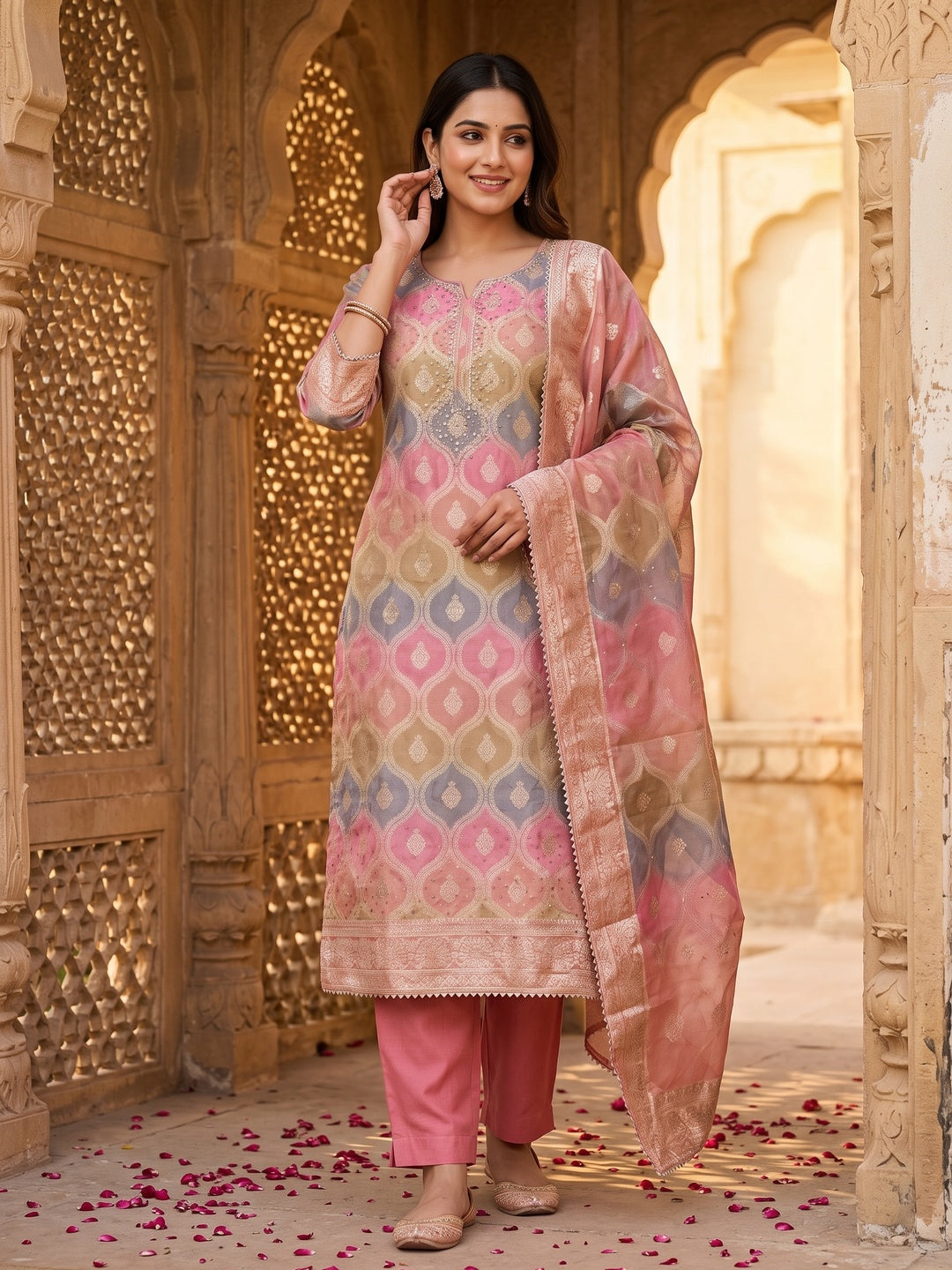 Dark Peach Organza Banarasi Silk Dress Material With Zari & Sparkling Stone Embellishments - Image 1
