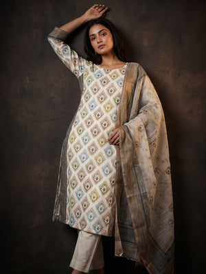 White & Matte Beige Dress Material In Cotton Blend With Delicate Digital Print & Sifli Embroidery Work - Image 1