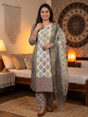 White & Brown Dress Material In Cotton Blend With Delicate Digital Print & Sifli Embroidery Work - Image 1
