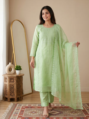 Pista Green Organza Dress Material With Sequins & Floral Thread Embroidery - Image 1