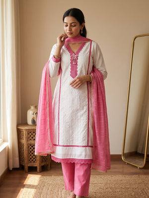 White & Pink Cotton Blend Dress Material With Elegant Schiffli & Sequins Work - Image 1