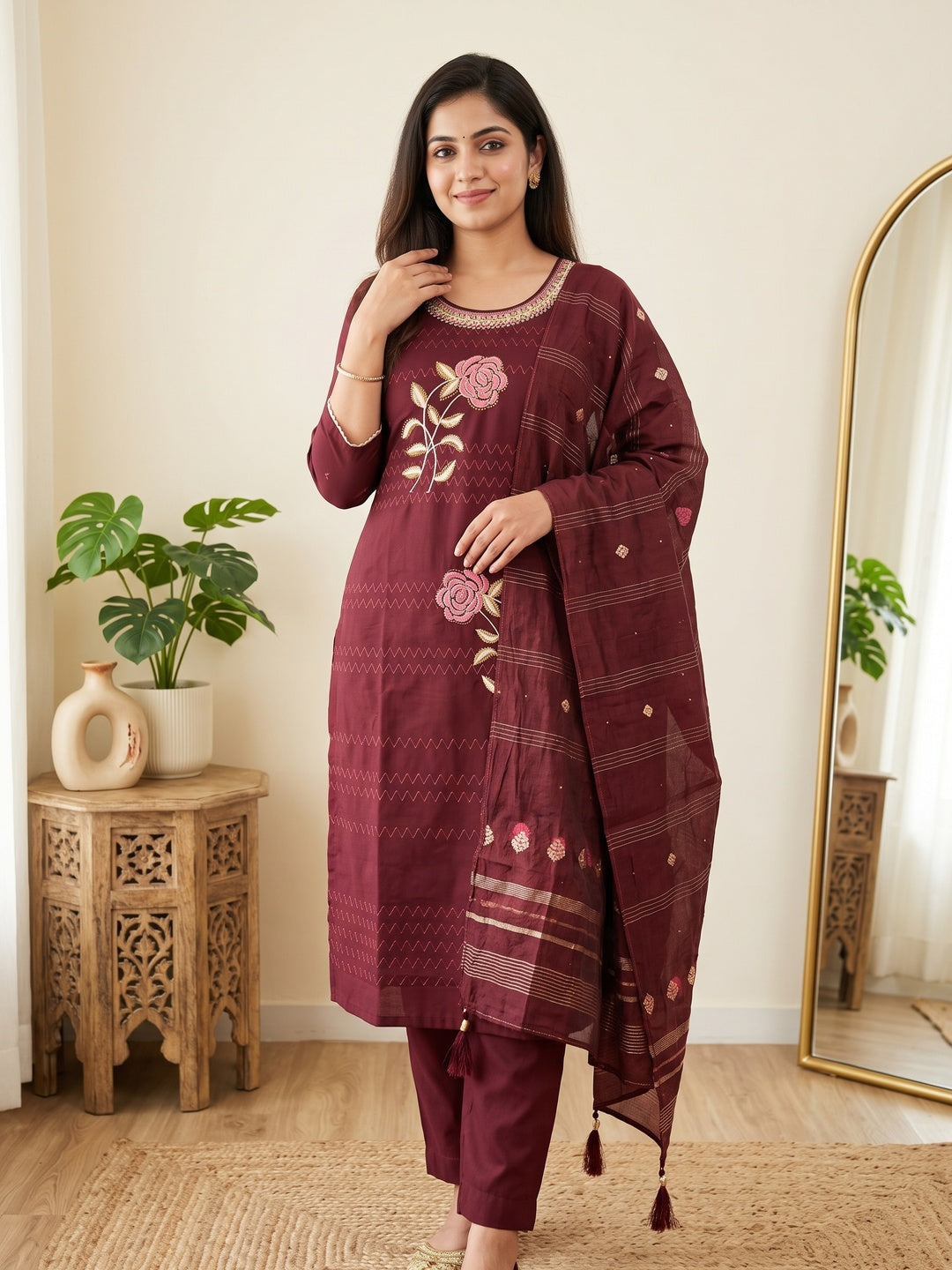 Maroon Cotton Blend Dress Material Adorned With Swarovski Accents and Floral Threadwork - Image 1