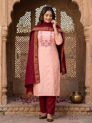Peach Floral Sequins Embroidered Cotton Silk Dress Material - Image 1