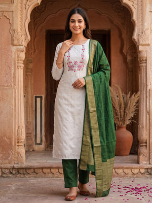 White Floral Sequins Embroidered Cotton Silk Dress Material - Image 1