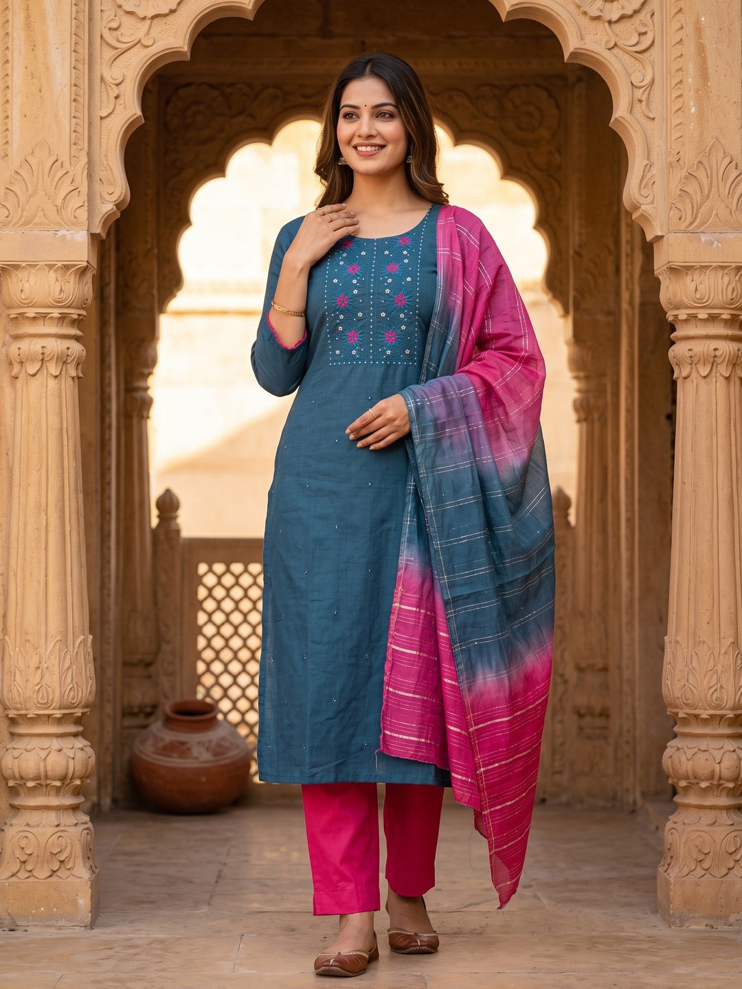 Blue Floral Sequins Embroidered Slub Cotton Dress Material - Image 1