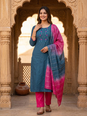 Blue Floral Sequins Embroidered Slub Cotton Dress Material - Image 1