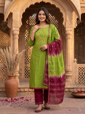 Green Floral Sequins Embroidered Slub Cotton Dress Material - Image 1