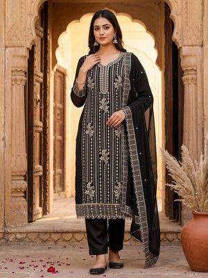 Black Georgette Dress Material with Opulent Threadwork - Image 1