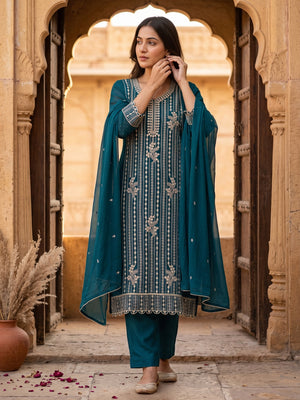 Teal Georgette Dress Material with Opulent Threadwork - Image 1