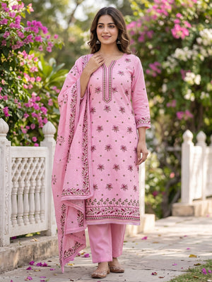 Pink Cotton Blend Dress Material With Delicate Floral Thread Embroidery - Image 1