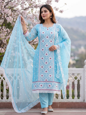 Blue Organza Dress Material With Intricate Floral Thread Embroidery - Image 1