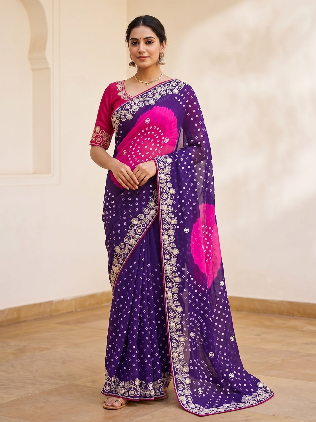 Peachmode Violet Georgette Saree - Image 1