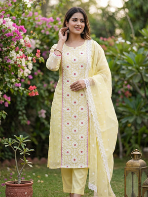 Light Yellow Organza Dress Material With Intricate Floral Thread Embroidery - Image 1