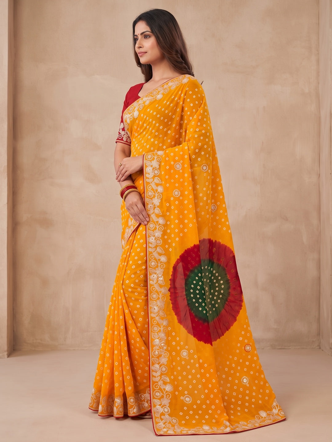 Peachmode Yellow Georgette Saree - Image 3