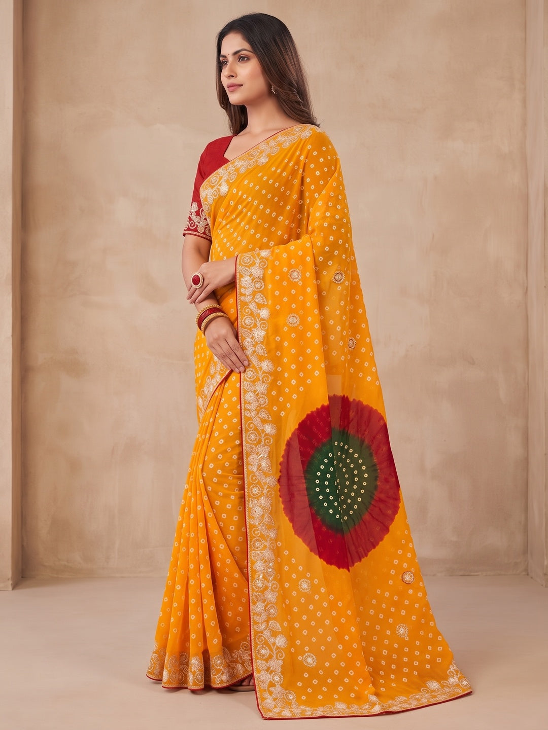 Peachmode Yellow Georgette Saree - Image 4