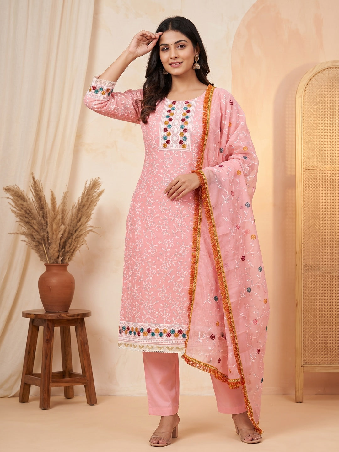 Pink Chanderi Cotton Dress Material With Floral Thread Embroidery - Image 1