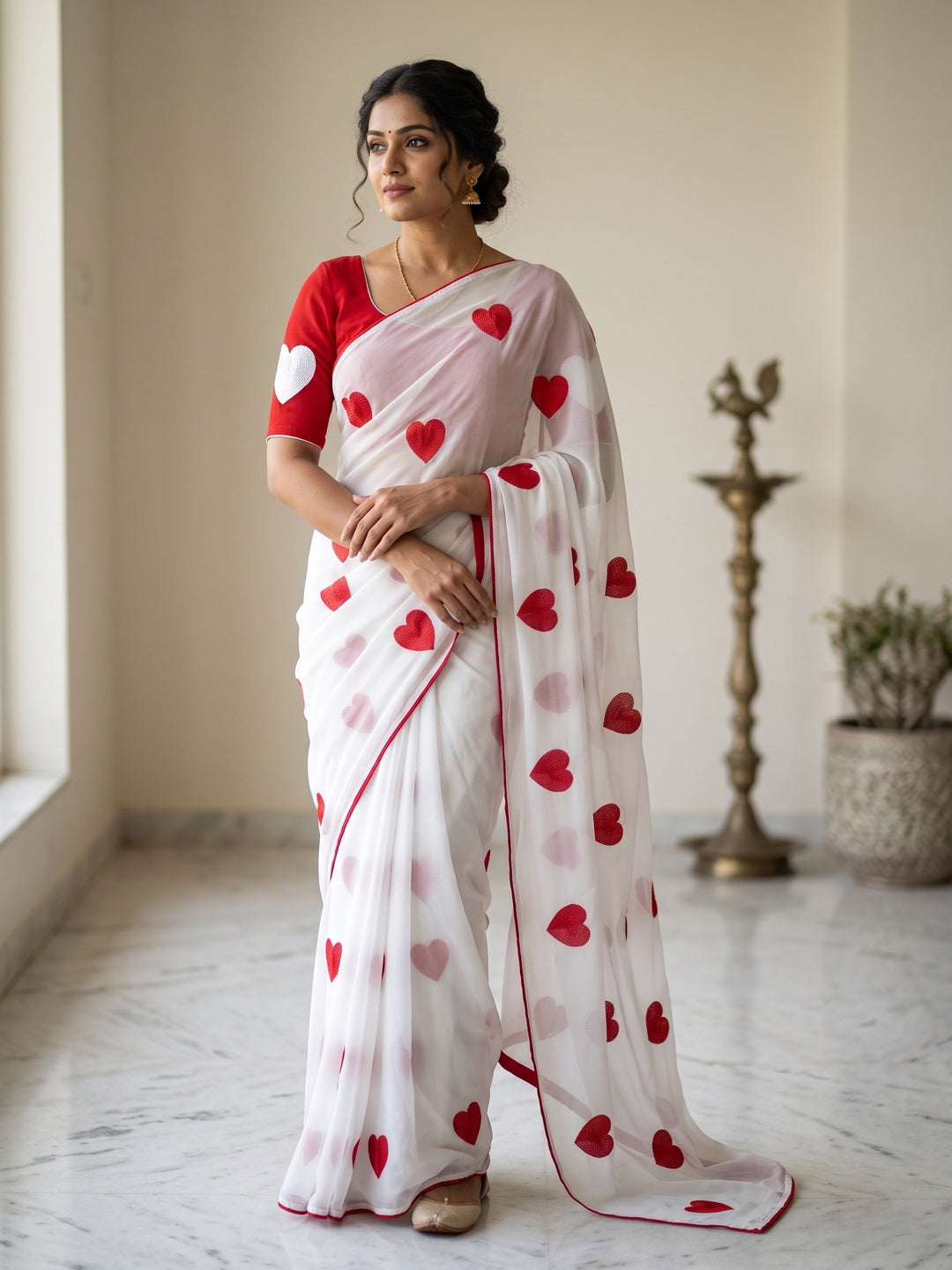 Peachmode White Georgette Saree - Image 1