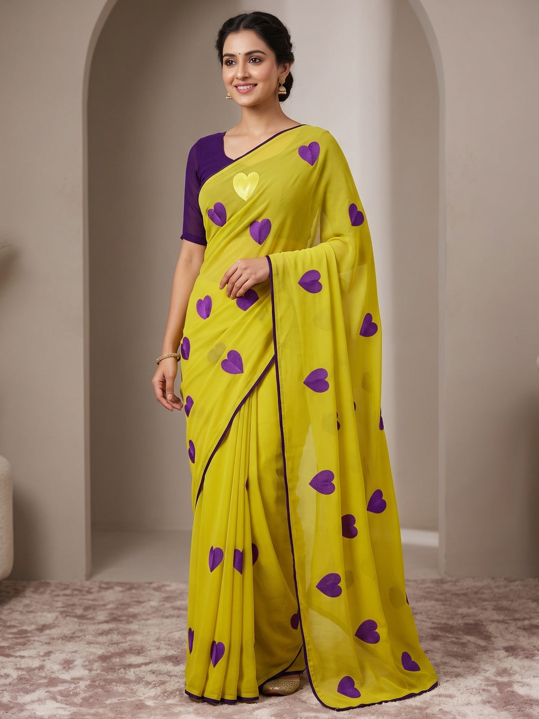 Peachmode Yellow Georgette Saree - Image 1