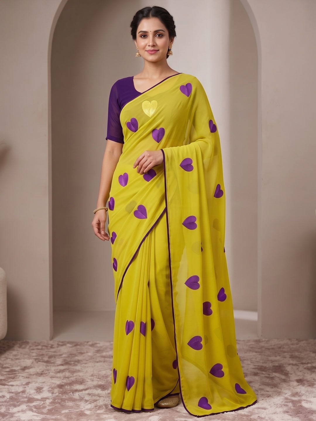 Peachmode Yellow Georgette Saree - Image 2