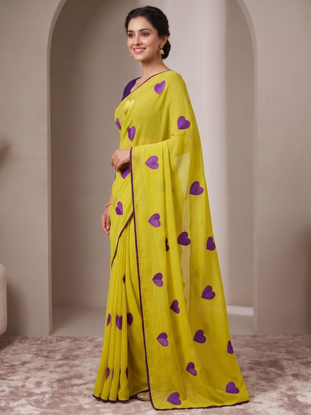 Peachmode Yellow Georgette Saree - Image 4