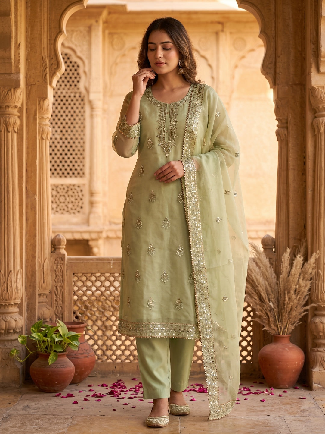 Green Organza Silk Dress Material With Exquisite Floral Embroidery & Sequin Work - Image 1