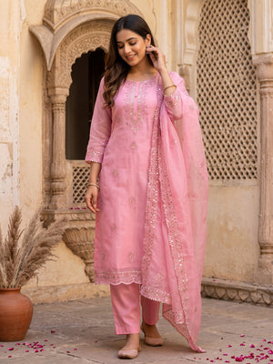 Pink Organza Silk Dress Material With Exquisite Floral Embroidery & Sequin Work - Image 1
