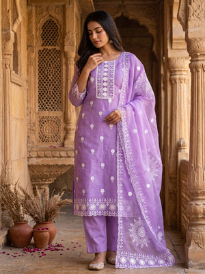 Lavender Organza Dress Material With Intricate Floral Thread Embroidery - Image 1
