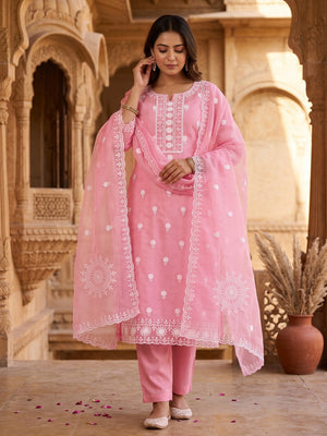 Pink Organza Dress Material With Intricate Floral Thread Embroidery - Image 1