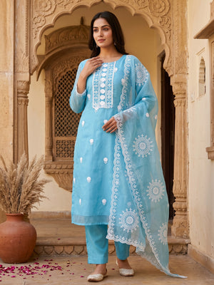 Sky Blue Organza Dress Material With Intricate Floral Thread Embroidery - Image 1