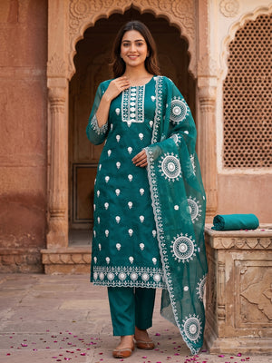Teal Organza Dress Material With Intricate Floral Thread Embroidery - Image 1