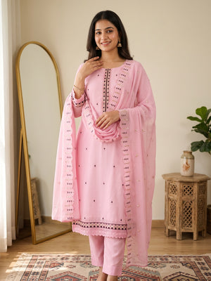 Pink Sequins & Thread Embroidered Georgette Dress Material - Image 1