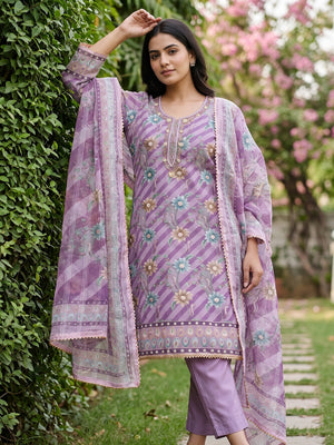 Lavender Floral Sequins Embroidered Organza Dress Material With Exquisite Handwork - Image 1