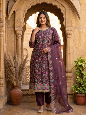 Charming Wine Organza Dress Material with Exquisite Floral Thread & Zari Embroidery - Image 1