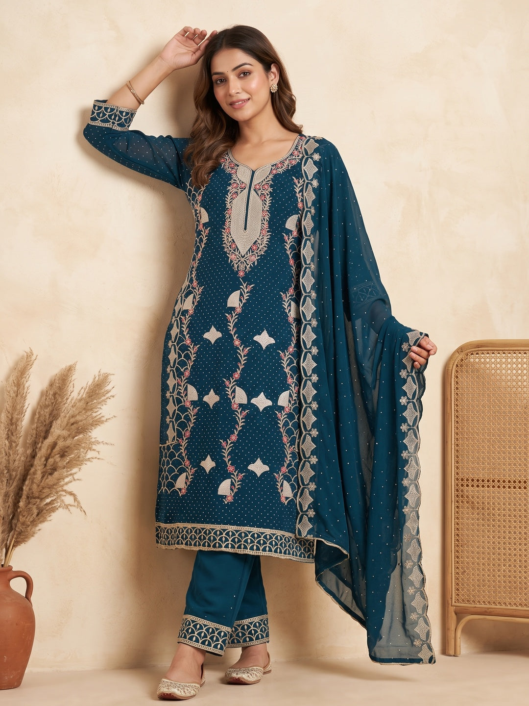 Morpich Blue Georgette Dress Material With Exquisite Floral Embroidery And Stonework - Image 1