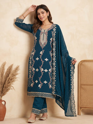 Morpich Blue Georgette Dress Material With Exquisite Floral Embroidery And Stonework - Image 1