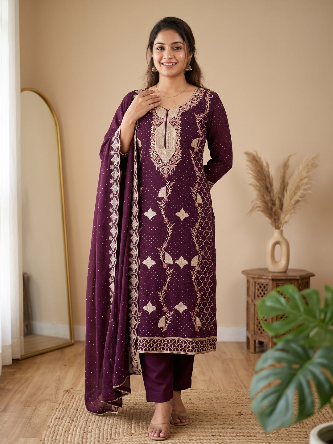 Wine Georgette Dress Material With Exquisite Floral Embroidery And Stonework - Image 1