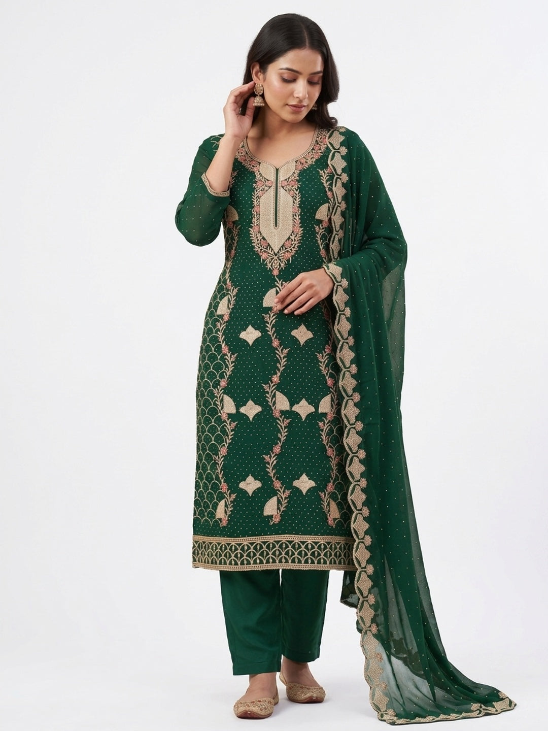 Green Georgette Dress Material With Exquisite Floral Embroidery And Stonework - Image 2
