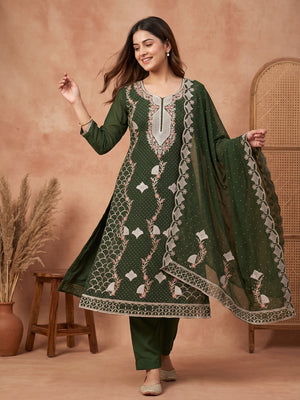 Mehendi Green Georgette Dress Material With Exquisite Floral Embroidery And Stonework - Image 1