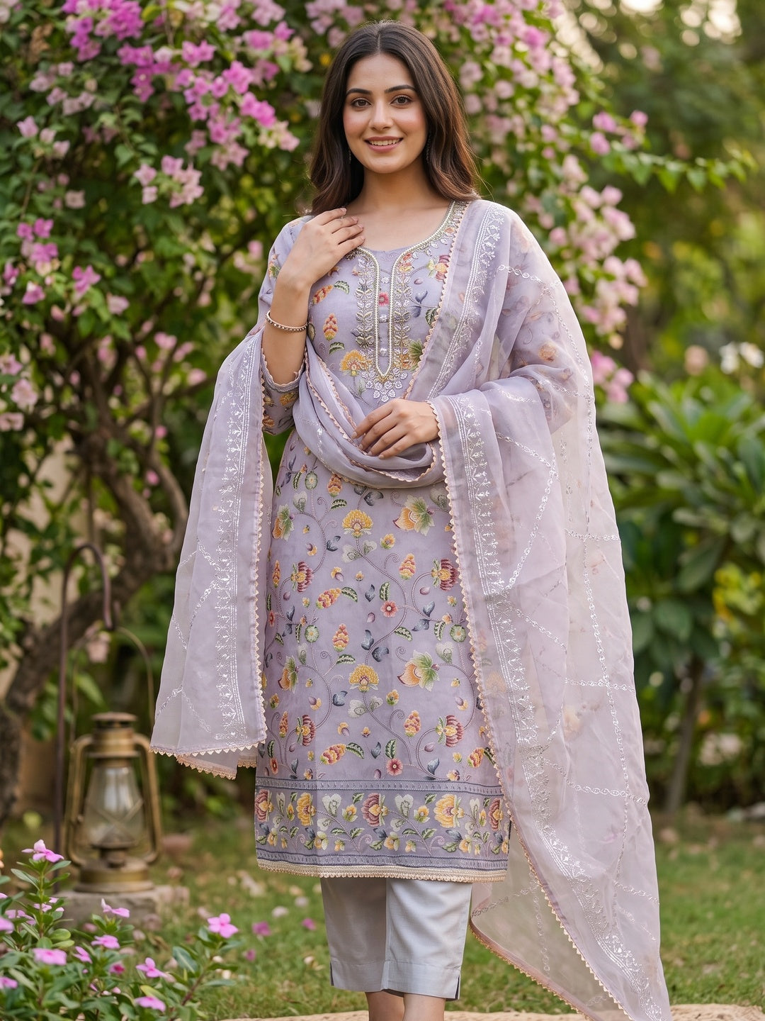 Light Lavender Organza Dress Material With Graceful Floral Print With Handwork Detailing - Image 1