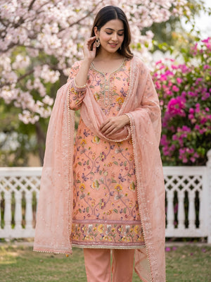 Peach Organza Dress Material With Graceful Floral Print With Handwork Detailing - Image 1