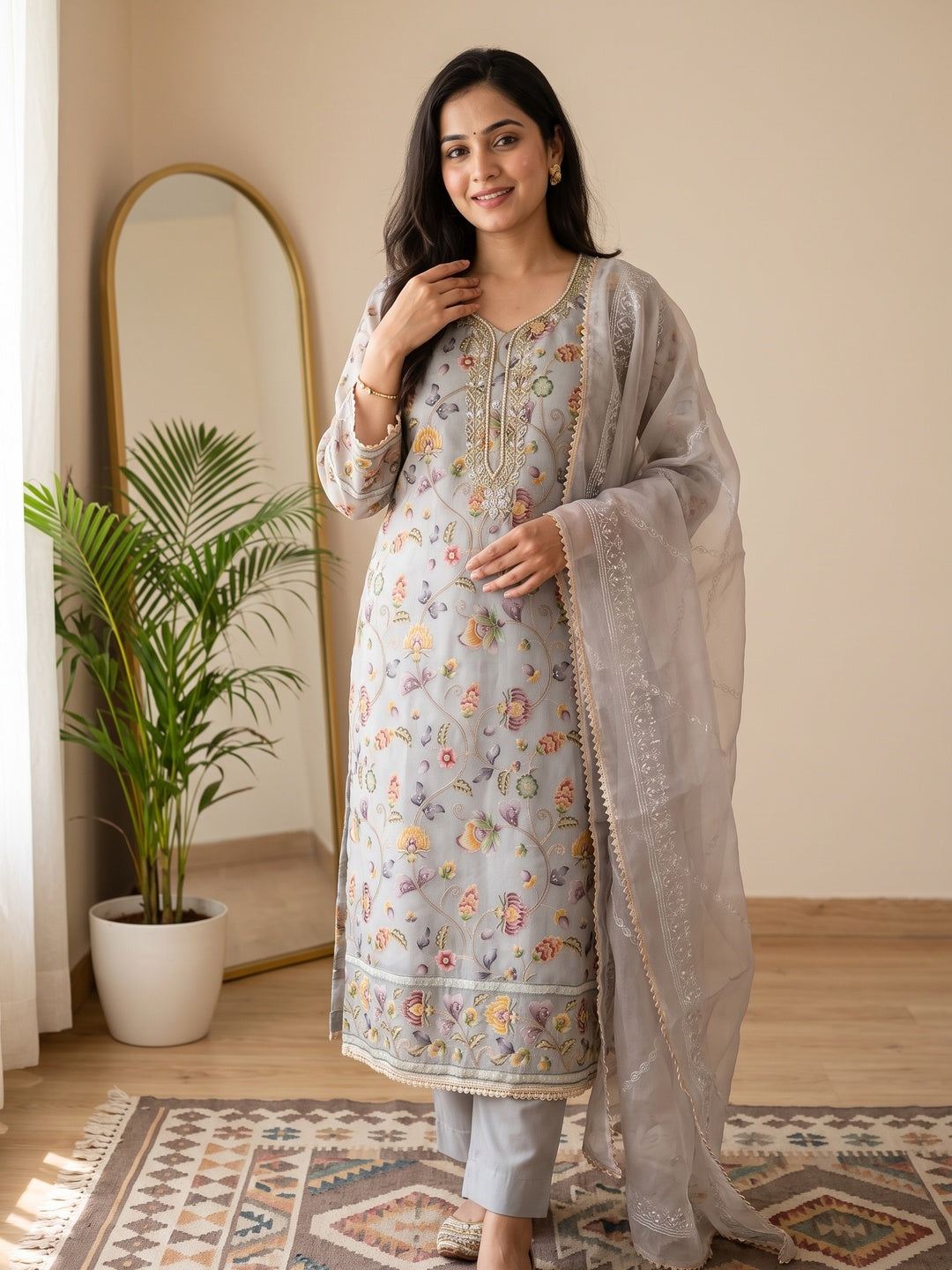 Grey Organza Dress Material With Graceful Floral Print With Handwork Detailing - Image 1
