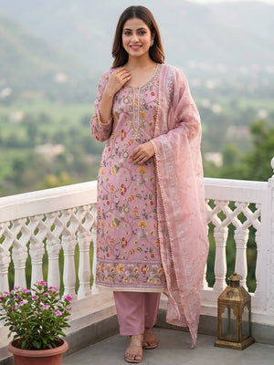 Pink Organza Dress Material With Graceful Floral Print With Handwork Detailing - Image 1
