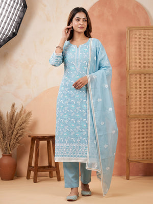 Sky Blue Embroidered Chanderi Cotton Suit Fabric with Floral Detailing - Image 1
