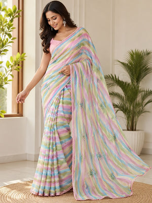 Peachmode Pink Multicolor Hand Work Lehariya Georgette Saree - Image 1