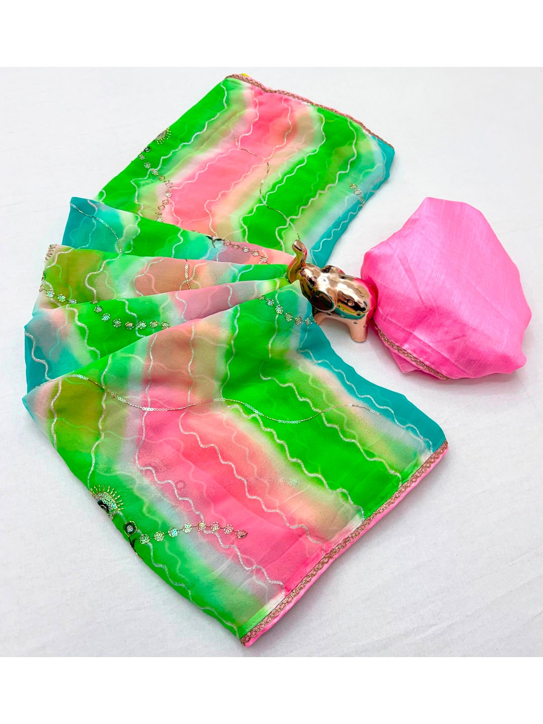 Peachmode Green Pink Hand Work Lehariya Georgette Saree - Image 5