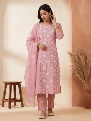 Pink Embroidered Chanderi Cotton Suit Fabric with Floral Detailing - Image 1
