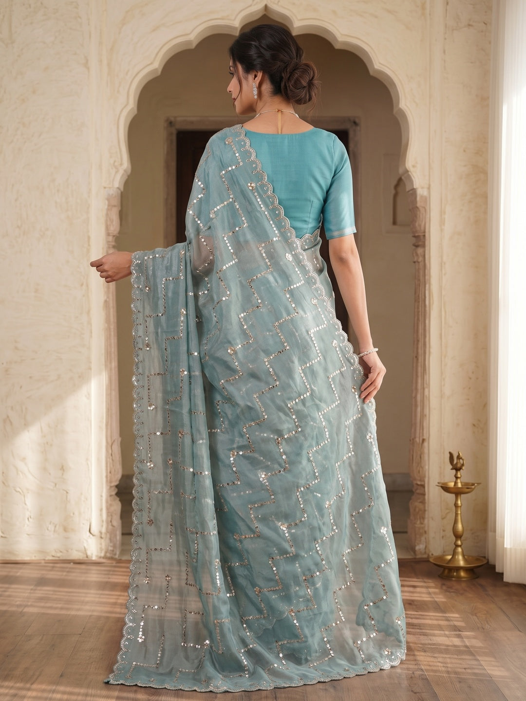 Graceful Turquoise Sequins With Detailed Beads & Stone Work Organza Satin Silk Saree - Image 5