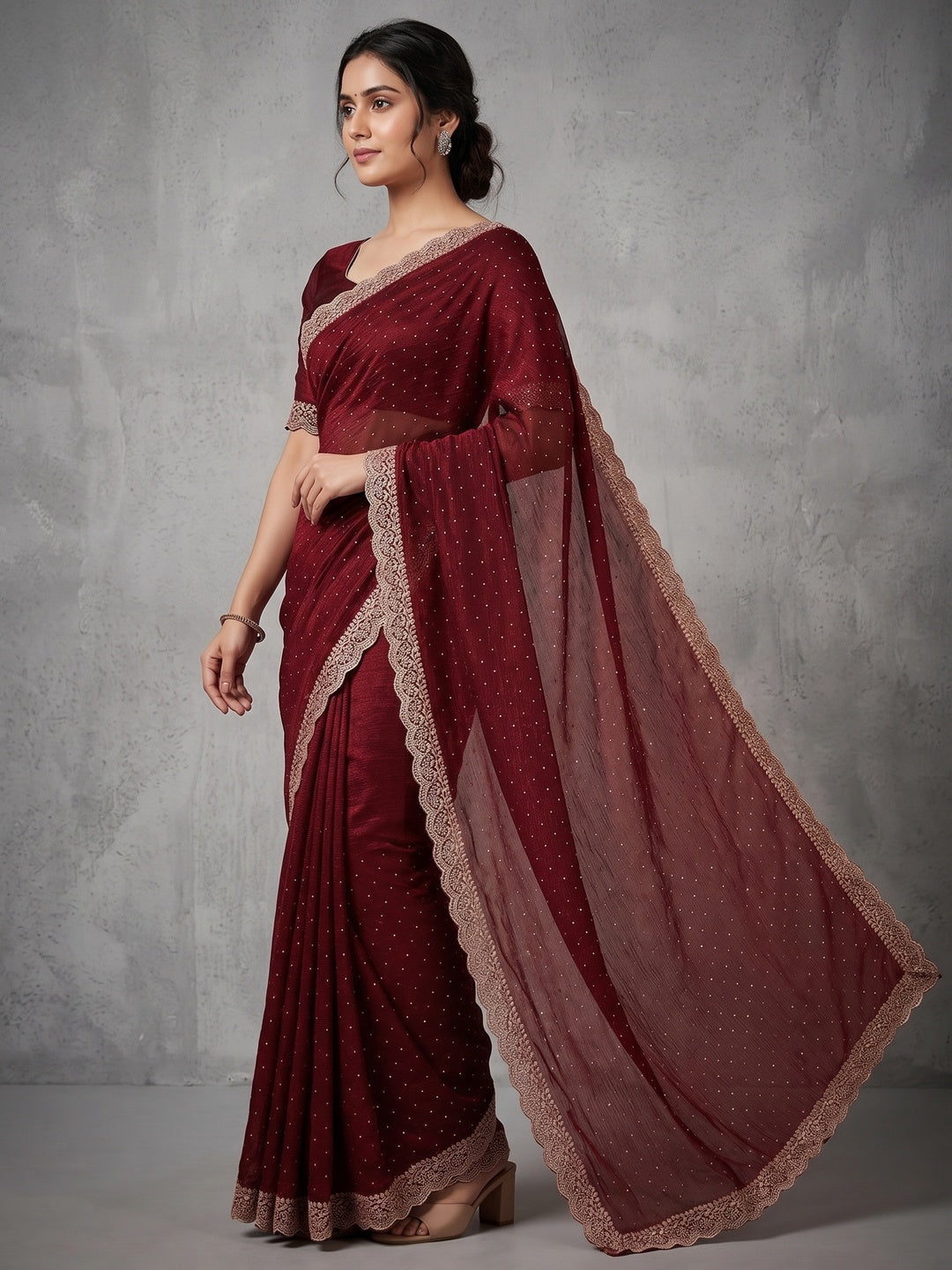 Maroon Chiffon Saree with Delicate Lace Border and Embellishments - Image 4